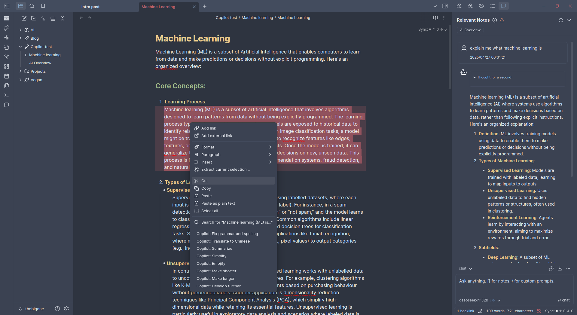 Screenshot of Obsidian with Copilot in action