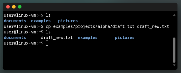 Copied contents of a file to another with a new name with `cp`