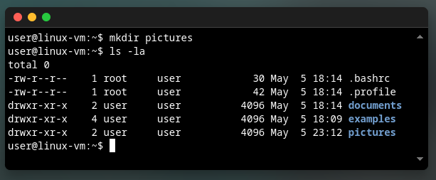 New directory called 'pictures' created with `mkdir`